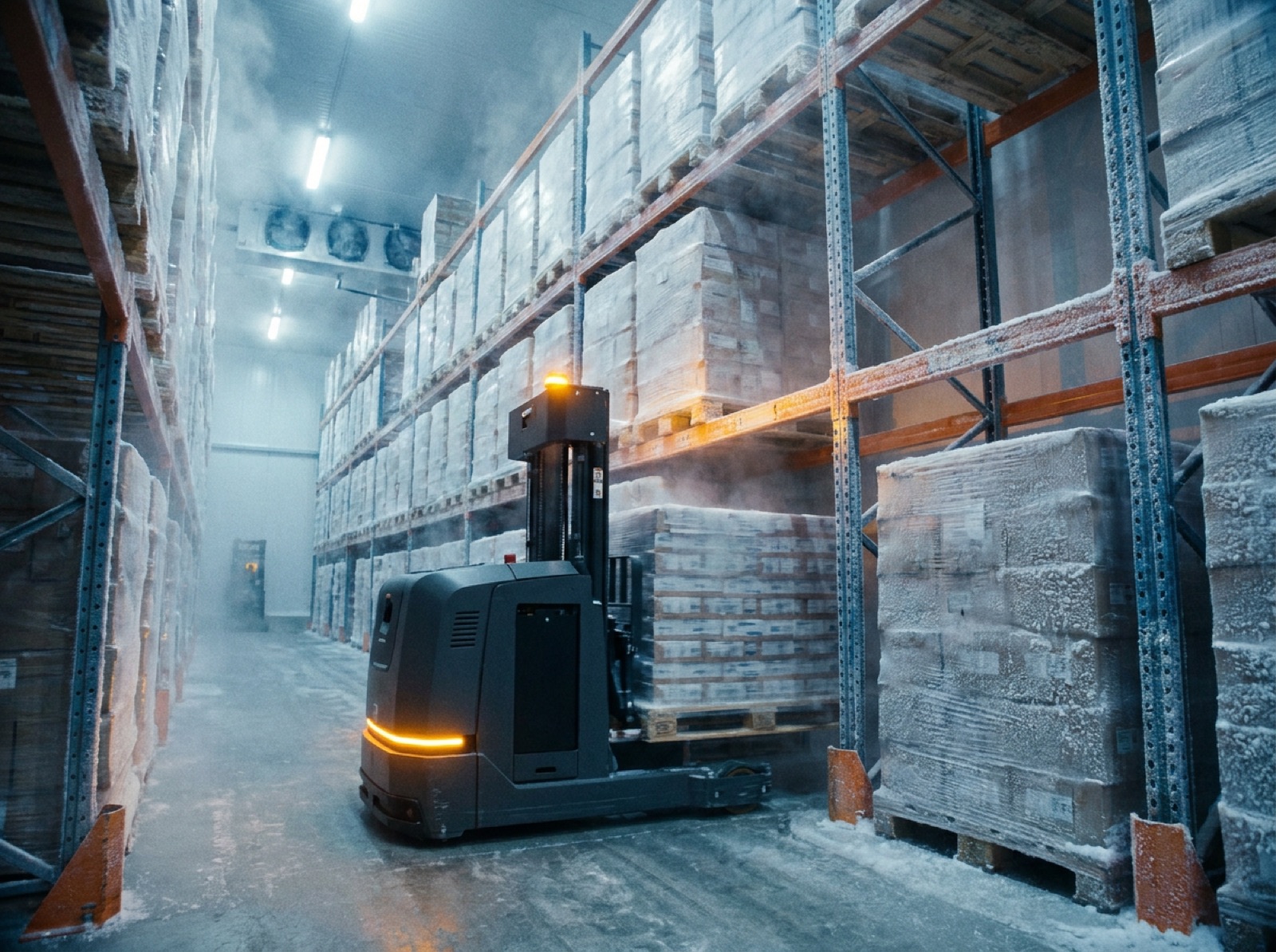 Cold storage distribution facility with an AR-600 AMR variant moving pallets between freezer racking, frost visible in the air.