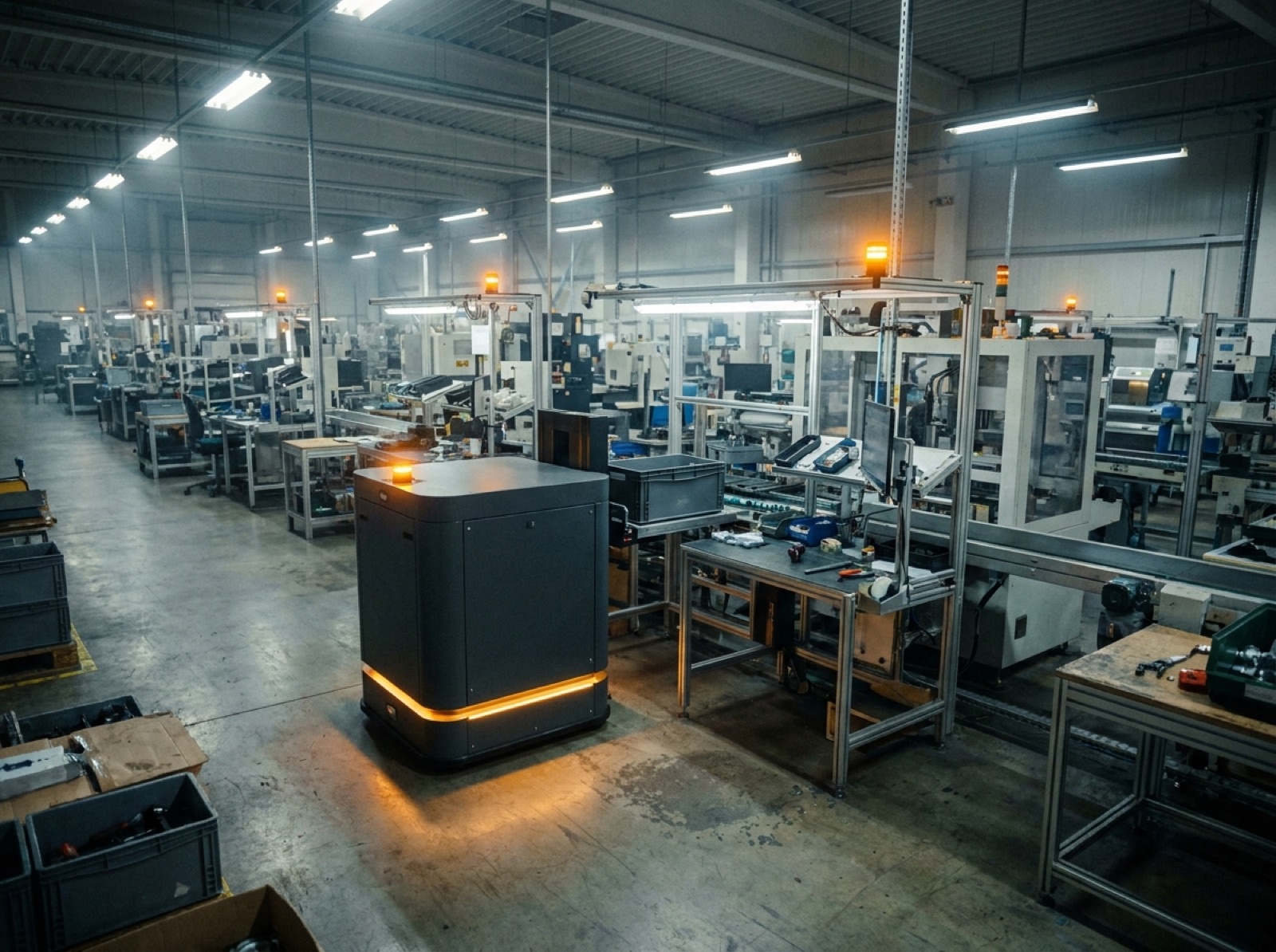 Manufacturing floor with an AR-600 AMR delivering materials line-side near an assembly station.
