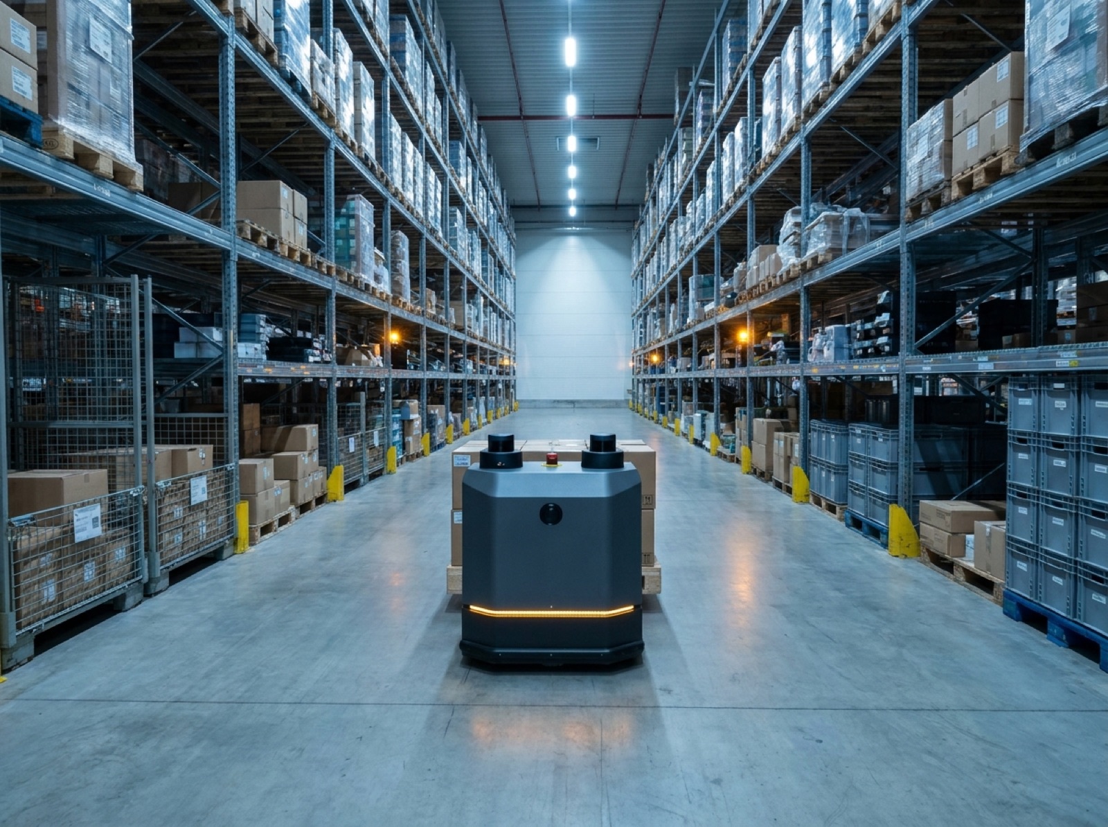 Warehouse and 3PL fulfillment center aisle with an AR-600 AMR moving a pallet under overhead lighting.