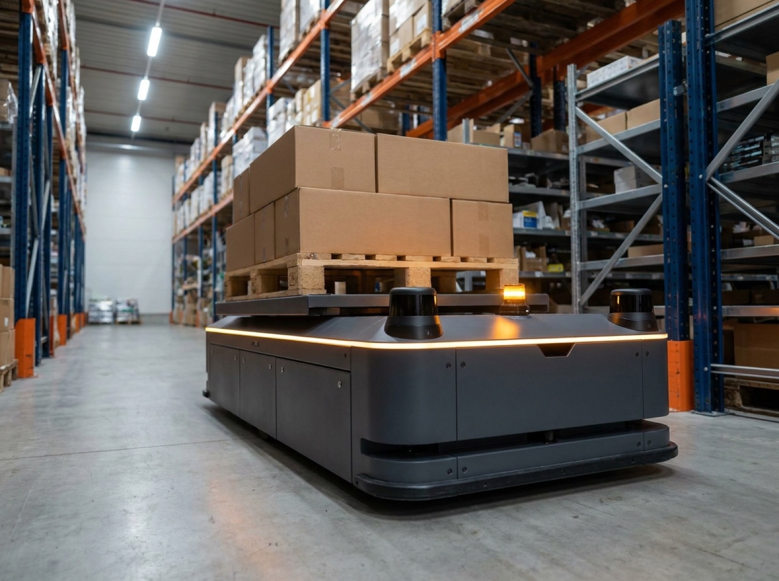 AR-600 Hauler AMR, front three-quarter view, carrying a loaded pallet down a warehouse aisle under cool overhead lighting.