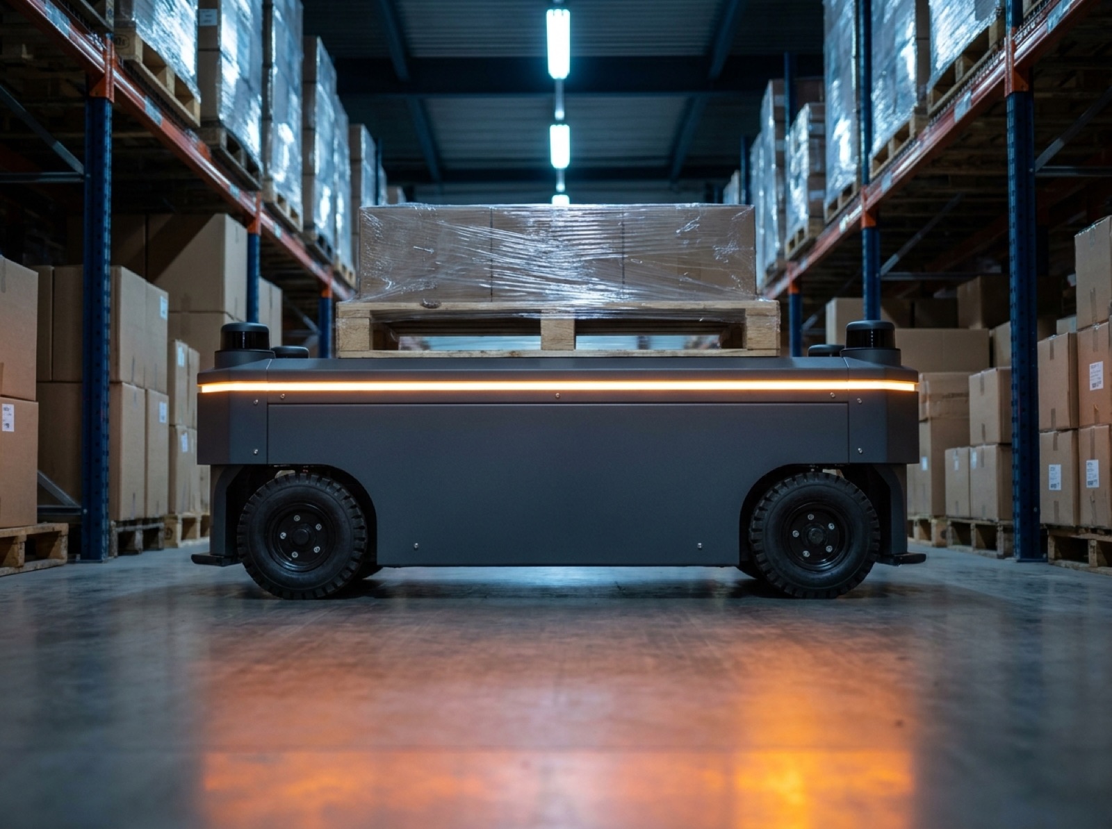 AR-600 Hauler AMR shown in side profile, navigating a narrow rack aisle with amber beacon lit.
