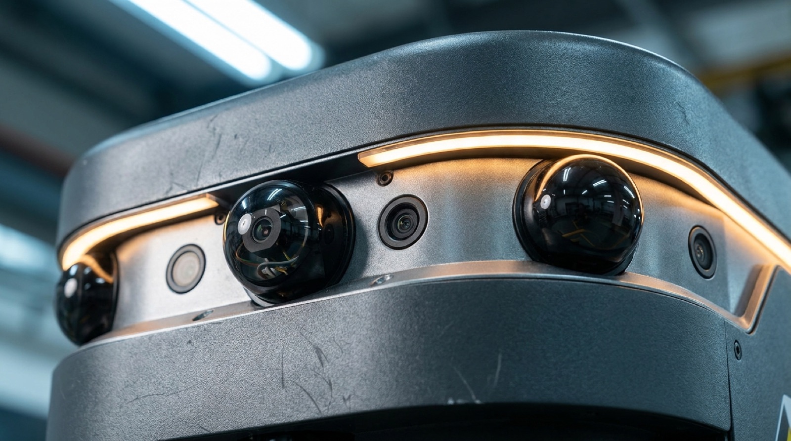 Close-up of the AR-600's LiDAR and sensor stack hardware, cool industrial lighting with amber accent glow.